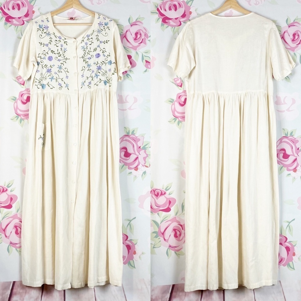 Vintage Cottage Core Floral Embroidered Linen CottonDress M